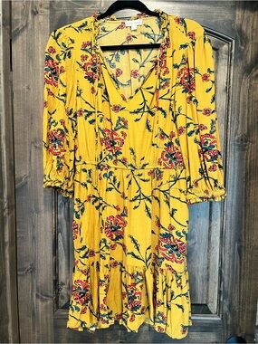 Knox Rose Yellow Floral V-Neck Tiered Mini Dress